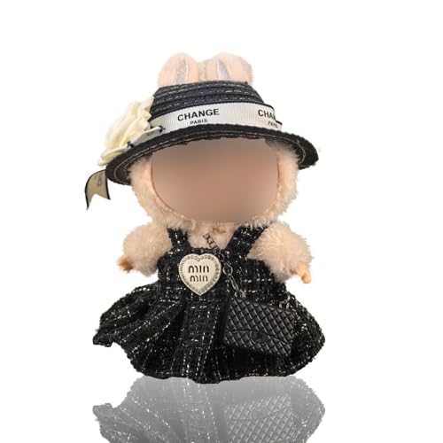Hemaisu 4-teiliges luxuriöses schickes schwarzes Kleidungsset für 14–17 cm große Puppen | Kleid, Schleifenklammer, Hut & C's Tasche (keine Puppe) Zubehör kompatibel mit Popmart The Monsters von Hemaisu