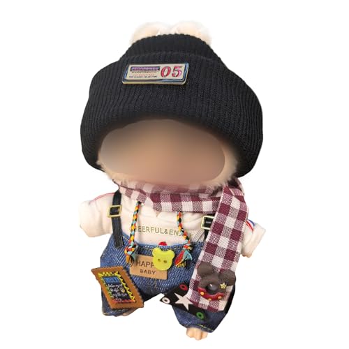 Hemaisu 4-teiliges süßes Kleidungsset für 14–17 cm große La Bu Bu-Puppe | Stilvolles Outfit mit Strickmütze, Schal, Hoodie und Denim-Overalls (keine Puppe) von Hemaisu