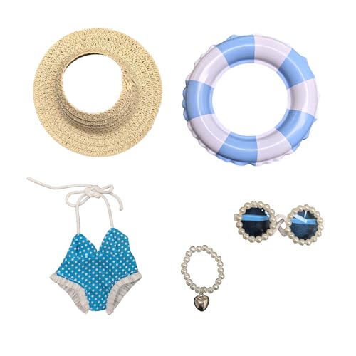Hemaisu Summer - Themed 5-teiliges Puppenkleidungsset | Strohhut, Sonnenbrille mit Perlen verziert, blau-weiß karierter Puppen-Badeanzug, Perlenkette & Schwimmring mit Fruchtmuster für 14–17 cm große von Hemaisu