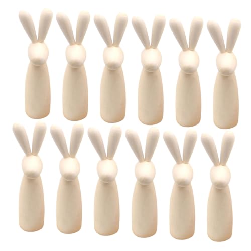 Hemobllo 12 Stück Hasenkopf-Holzfigur Hasen-Steckfiguren Kaninchen-Peg-Puppen Kaninchen-Skulptur unbemalte Hasenfigur Kaninchenfigur Peg-Puppen aus Naturholz unbemaltte Peg -Puppen Beige von Hemobllo