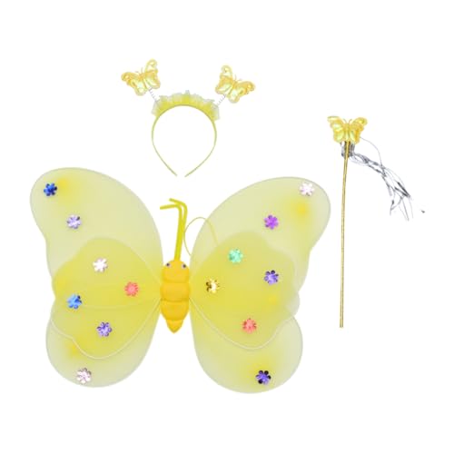 Hemobllo 3 Stück Teiliges Schmetterlingsflügel Kostümset mit Kopfband und Zauberstab Doppellagige Gelbe für Mädchen Leichtes Cosplay Partyspielzeug von Hemobllo