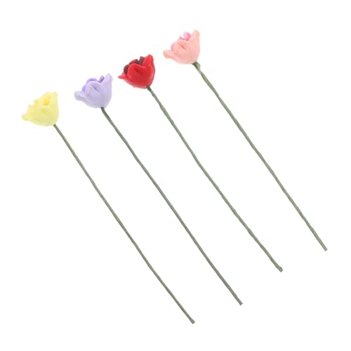 Hemobllo 4Stücke Künstliche Mini Rosen Deko Blumen für Puppenhaus Mikrolandschaften Realistisches Blumendesign aus Langlebigem Harz und Eisendraht von Hemobllo