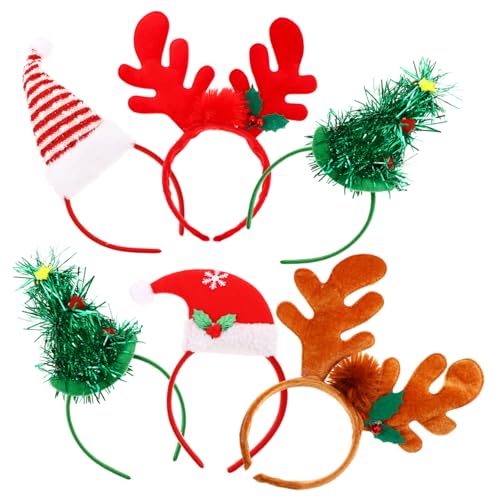 Hemobllo 6 Stück Teiliges Weihnachts Haarreif mit Weichem Gepolsterten Rentiergeweihen in Rot und Braun Festlichen Weihnachtsmützen und Grünen Federn Leicht und Formstabil für Kostümpartys von Hemobllo