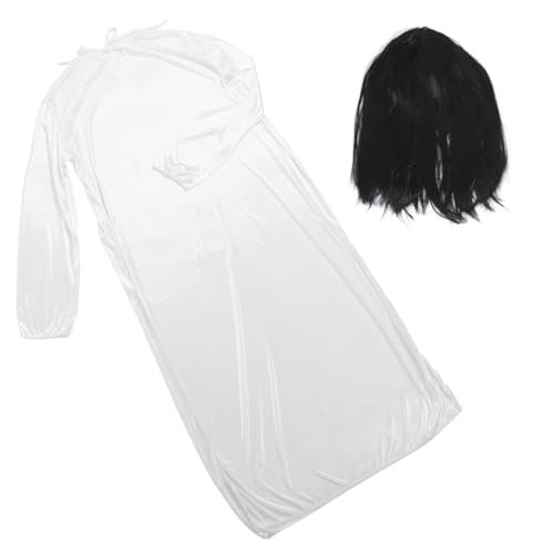 Hemobllo Halloween Damen Kostüm Gruselige Geisterbraut Cosplay Kleid Weißes Horrorkostüm mit Schwarzer Perücke für Party und Karneval von Hemobllo
