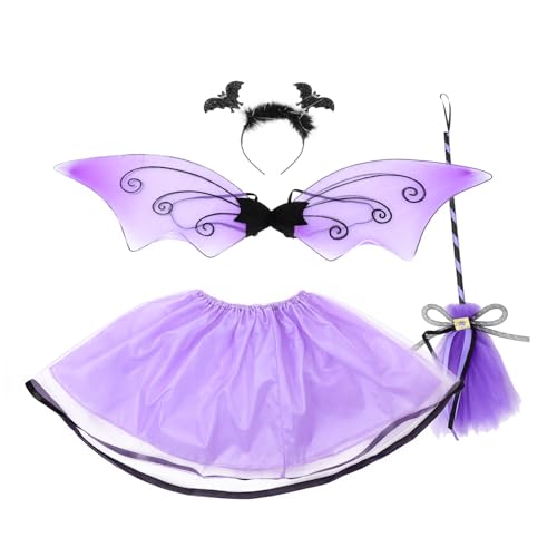 Hemobllo Halloween Kostüm Fledermaus Flügel Tüllrock Haarreif Teilig Leichtes Bühnenkostüm für Mädchen Geeignet Party Karneval Fasching von Hemobllo