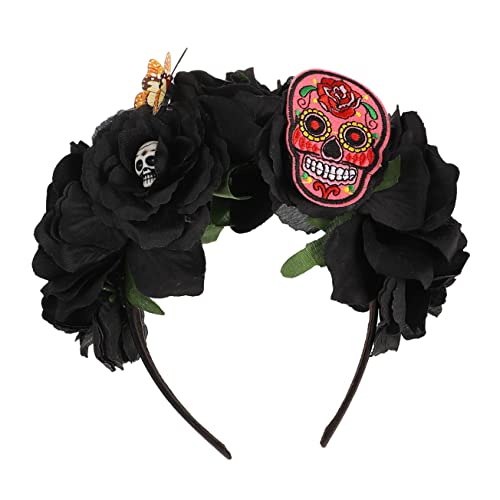 Hemobllo Halloween Skull Hairband Schwarz Stoff Haarreif mit Rosenblumen Krone Bequemes Stirnband für Damen Party Festival Kostüm Zubehör von Hemobllo