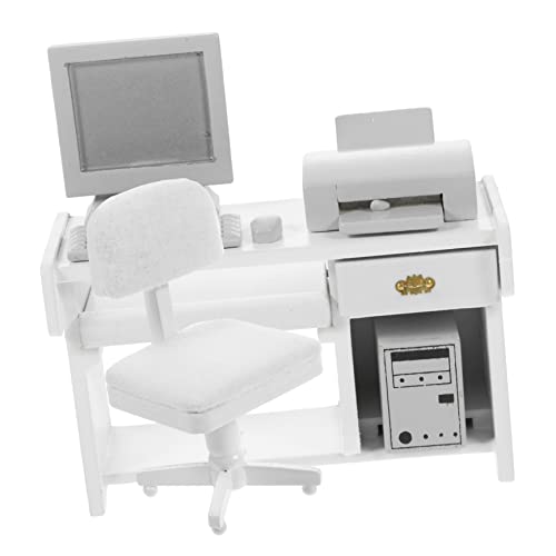 Hemobllo Miniatur Büro Schreibtisch Modell Weiß mit Computer Puppenhaus Zubehör Holzspielzeug von Hemobllo