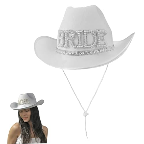 Braut Cowgirl Hat, weißer Braut Cowboyhut mit Perlendiamant, breites Kremp -Panama -Mütze, Braut Kapitän Hut für Bachelorette Party Vorräte von Hemore