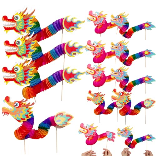 Chinesische Papierdrachenpuppe, 12pcs Stretchable 3D Paper Dragon Puppet Stick, chinesisches Neujahrspapier Kunsthandwerk für Kinder Spring Festival Party Geschenk von Hemore