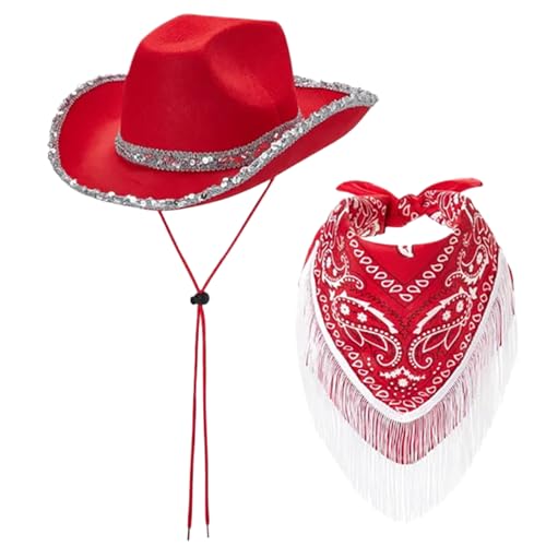 Cowgirl-Hut mit Fransen-Bandana-Brandkanten-Pailletten Red Cowgirl Hut mit Kinngurt nicht gewebten Western Cowboy für Cosplay, Halloween-Kostüme, Halloween-Dekor von Hemore