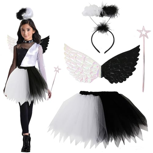 Engel Kostüm für Mädchen Schwarz -Weiß -Engel Kostüm Beinhaltet Rock, Zauberstab, Wing & Stirnband Weihnachten Halloween Kostüme für Mädchen für Party, Cosplay, Bühne, Halloween Decor von Hemore