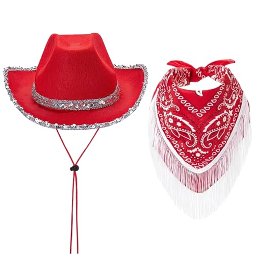 Frauen Cowboyhut, Pailletten Cowgirl Hat mit Nackenschal, roter Cowboyhut, Cowgirl -Hüte für Frauen Halloween Frauen Cowboyhut, Pailletten Cowgirl Hat mit Nackenschal, roter Cowboyhut, Cowgirl -Hüte für Frauen Halloween von Hemore