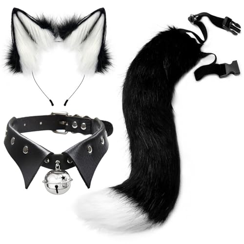 Fuchsohren und Schwanzset, weiche Flauschige Fuchs-Ohren-Stirnband, Verstellbarer pelziger Schwanz und Halshändler im Kragenstil, Wolf Kostüm für Halloween-Party-Cosplay-Kostüm, Halloween Decor von Hemore
