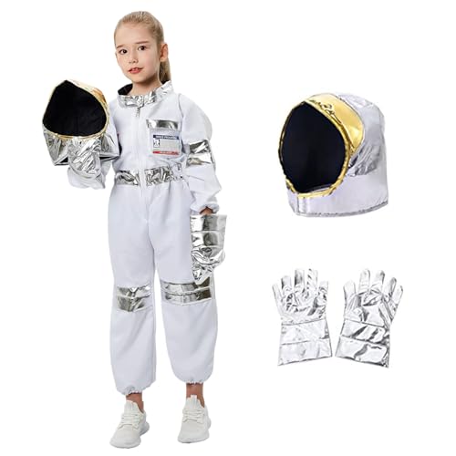 Halloween -Kostüme weiße Polyester -Raumkostüm mit Handschuhen und Helm -Space -Jumpsuit mit Gummibändern und 6 Flaggenaufkleber Halloween Kostüme für Kinder, Jungen Mädchen, S, Dekor von Hemore