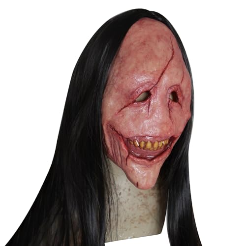 Halloween Scary Maske, Latex Realistische Dämonmaske mit schwarzem langem Haar, gruselige Narbengesichtsmaske für Männer Frauen Halloween Cosplay von Hemore