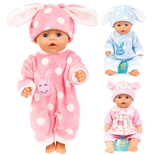 Hemore Babypuppenkleidung, 3 Sätze 18-Zoll-Tupfen-Punkt-Muster einteiliger Pyjama mit Kappe, Plüschpuppen-Onesies, Puppenkleidung für 18-Zoll-Babypuppen von Hemore