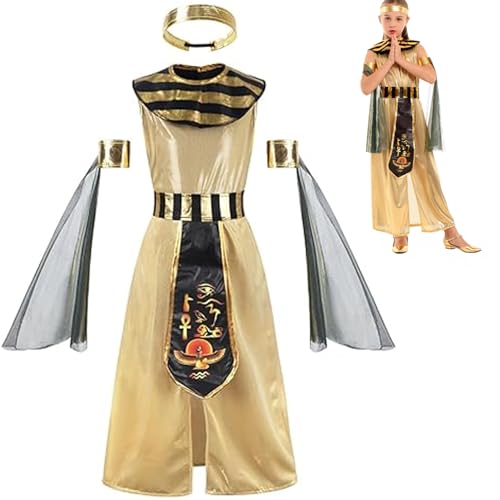 Hemore Cleopatra-Kostüm für Mädchen, Halloween-Ägyptier Cleopatra Kleid mit Stirnband und Armbinden für Cosplay (L, 120-130 cm) von Hemore