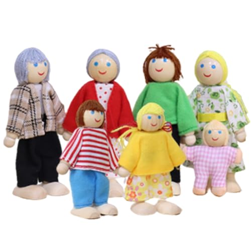 Hemore Dollhouse People, 7pcs/Set Wood Doll House People-Figuren, Miniatur Dress-up-Familienfiguren, Puppenhauszubehör für Mädchen Kleinkinder Kinder tun Spielen (gelb) von Hemore