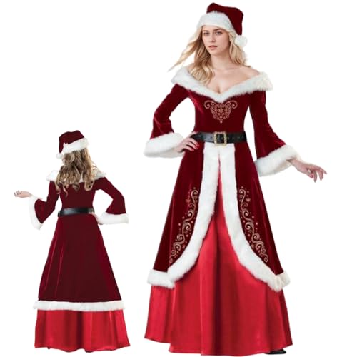 Hemore Frau Claus Kostüm für Frauen, 3pcs/Set Frau Claus Kleid mit Hut & Belt, Santa Kostüm für Weihnacht Cosplay (XL) von Hemore