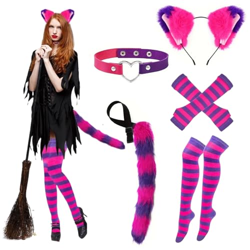 Katzenfrau Kostüm Süßes Katzenfrau Kostüm Outfit mit Ohren, pelzigem Schwanz, Socken, Halsholz und Handschuhen charmante Halloween -Kostüme für Mädchen Frauen Halloween Party Cosplay, Outfit von Hemore