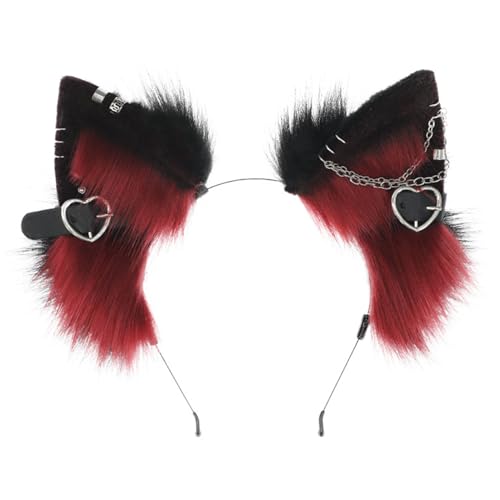 Katzenohren Stirnband, pelzige Ohren Kopfbedeckung mit Metallherz und Kettendekor, gotische Punk -Therianohren, Tierohren Haarband für Cosplay -Kostüm, Schwarz und Weinrot, pelzige Ohren, Katzen von Hemore