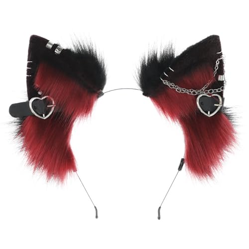 Katzenohren Stirnband, pelzige Therian -Ohren -Stirnbänder mit Metallkette & Herz, gotische Tierkopfbedeckung (rot) von Hemore