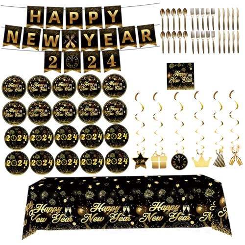 Neujahrsdekorationen 2024, 57pcs/Set Glitter Schwarz Gold Frohes neues Jahr Banner mit Tischdecke, Cutter, Gabel, Löffel, Hängedekor und Papierhandtuch für Silvesterdekorationen von Hemore