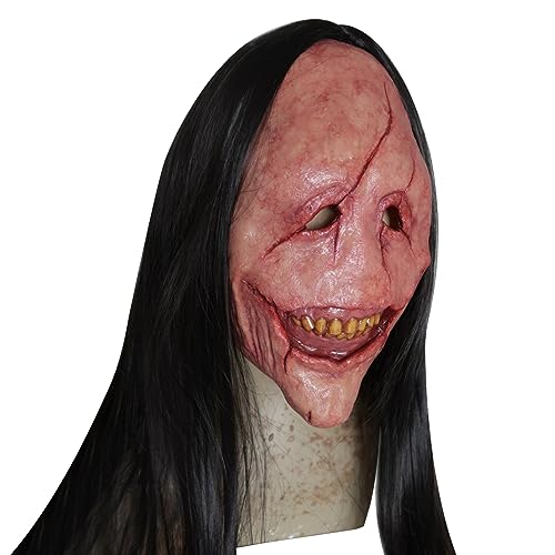Scary Halloween -Maske, realistische Latex gruselige Maske mit schwarzem langem Haar, Vollkopf -Dämonmaske für Cosplay Halloween Haunted House Costümen von Hemore