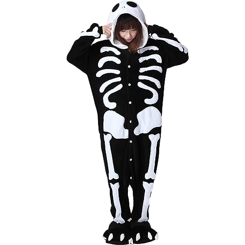 Skeleton Onesie Erwachsener, weiches Skelettkostüm mit Kapuze, Winter warmer Jumpsuit für Home Indoor Halloween (XL, 179-186 cm) von Hemore