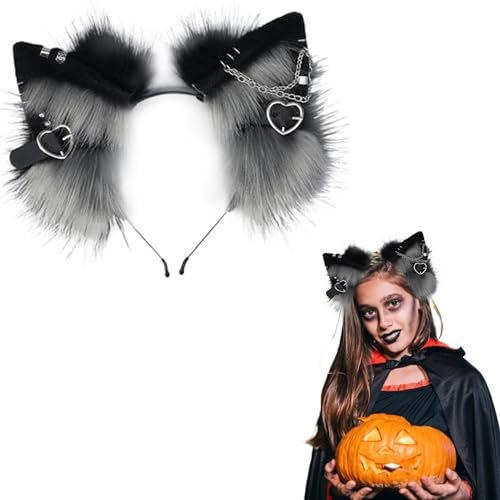 Therian Ohren Stirnband, pelzige Katzenohren Stirnband mit Herz & Chian, Gothic Punk Ohr Hair Hoop für Mädchen Halloween (Grau) von Hemore