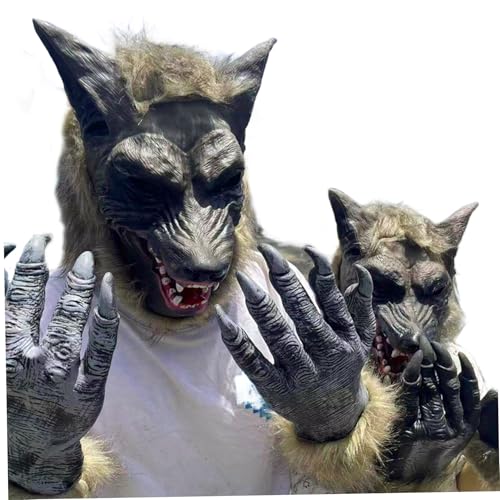 Werwolf Maske Holloween Werwolf Kostüm Realistische Wolf Maske ＆ 1 Paar Pfotenhandschuhe weich ＆ hautfreundlich beängstigend mit belüfteten Löchern für Halloween -Party -Cosplay -Kleid, Halloween -De von Hemore