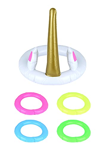 HENBRANDT Aufblasbares Einhorn-Ringwurfspiel, 5-teilig, Kunststoff, Blau, Grün, Rosa, Gelb, Modern, Spiel, Birthday Party von Henbrandt