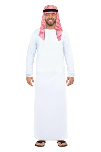 HENBRANDT Kostüm für Erwachsene, arabischer Scheich, weiß, lange Tunika mit Kopfschmuck, Saudi-Prinz, Kostüm, arabischer Scheich, Einheitsgröße, Herren-Kostüm von Henbrandt