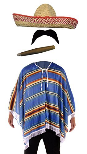 Mexikanisches Kostüm-Set - Poncho + Sombrero + Zigarre + Schnurrbart von Henbrandt