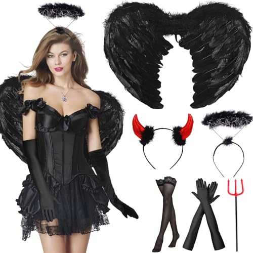 Engelsflügel Schwarz, Schwarzer Engel Kostüm Damen, 60cm Schwarze Flügel mit Teufelshörner Heiligenschein zauberstab Engel Kostüm, Schwarzer Engel Kostüm Set, für Halloween Cosplay Party Kostümparty Engelsflügel Schwarz, Schwarzer Engel Kostüm Damen, 60cm Schwarze Flügel mit Teufelshörner Heiligenschein zauberstab Engel Kostüm, Schwarzer Engel Kostüm Set, für Halloween Cosplay Party Kostümparty von Hendpock
