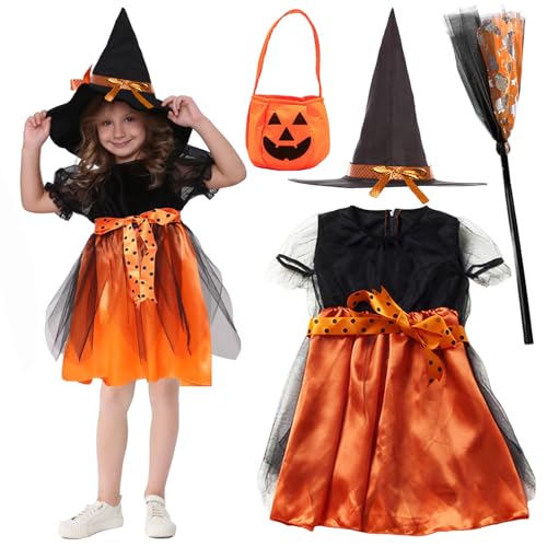 Hendpock Halloween Hexenkostüm Kinder,4-teilig Halloween Kostüm Mädchen mit Hexenrock Hexenhut Zauberstab und Kürbis Sammeltasche Cosplay Partyzubehör für Halloween Karneval Maskerade Rollenspiele von Hendpock