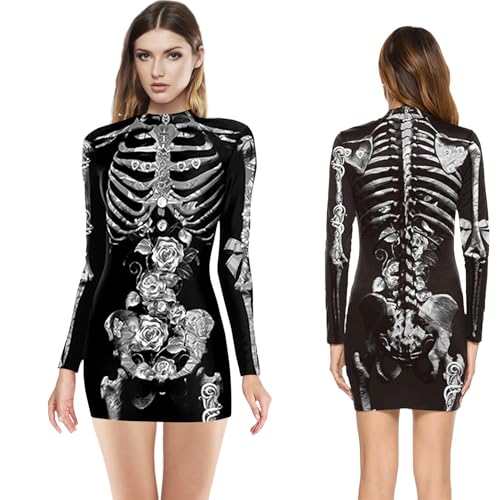 Halloween Kostüm Damen, Skelett-Kostüm für Erwachsene, Skelett Kostüm für Damen Erwachsene, Halloween Kostüm Damen Halloween Gruselig Skelet Kleid Damen Faschingskostüme Halloween Karneval Cosplay (M) von Hendpock