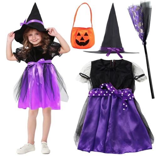 Hendpock Hexenkostüm Kinder, 4-teilig Halloween Kostüm Hexe Mädchen 120cm,Halloween Hexenkleid mit Lila Hexenrock Hexenhut Zauberstab und Kürbis Sammeltasche für Halloween Karneval Party Rollenspiele von Hendpock