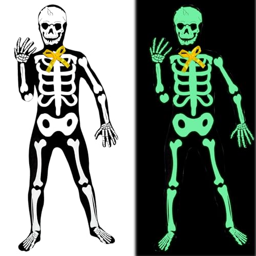Kinder Skelett Kostüm, 120cm-130cm Skelettkostüm Für Kinder, Halloween Leuchtendes Skelett Kostüm Dunkeln Outfit Kinderkostüm Junge Mädchen Geister Kostüm für Halloween Karneval Faschings Cosplay von Hendpock