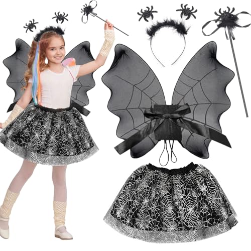 Halloween Fledermaus Kostüm Kinder, Hexe Kostüm Halloweenkostüm Damen, Fledermauskostüm Fledermaus Flügel mit Haareif Zauberstab Tutu Rock Spinne Kostüm Kinder Mädchen für Halloween Karneval Cosplay von Hendpock
