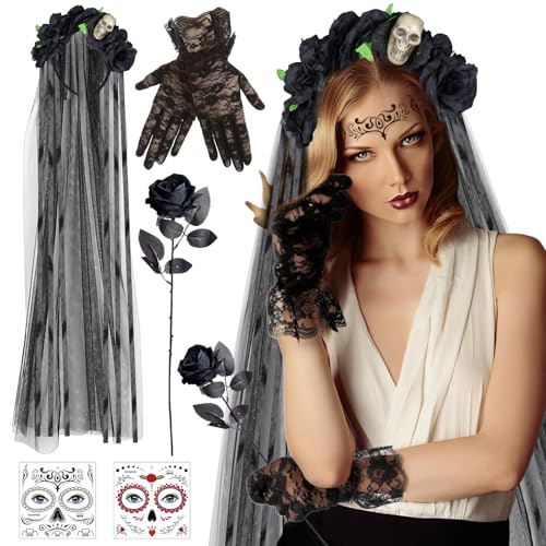 Hendpock Tag der Toten Haarreif,Halloween Kostüm Damen Dia De Los Muertos Haarreif Spitzenhandschuhe Schwarz Halloween Tattoo Gesicht Künstliche Blumen Rose für Halloween Karneval Gothic-Cosplay von Hendpock