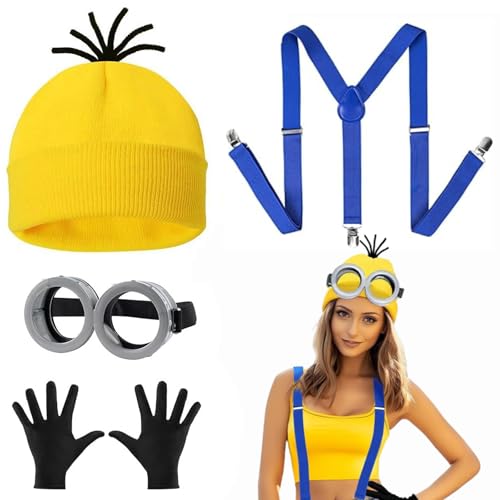 4 Stück Karneval Kostüm Zubehör, Gelb Mütze, Hosenträger, Runde Steampunk Brille & Schwarze Handschuhe Set für Männer & Frauen, Gelb Strickmütze für Erwachsene, Halloween, Karneval Kostüm Cosplay 4 Stück Karneval Kostüm Zubehör, Gelb Mütze, Hosenträger, Runde Steampunk Brille & Schwarze Handschuhe Set für Männer & Frauen, Gelb Strickmütze für Erwachsene, Halloween, Karneval Kostüm Cosplay von Hengrongshen
