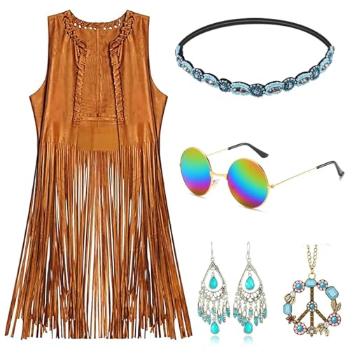 Faschingskostüme Damen, Braune, Armellose Weste mit Fransen 70er Mode Damen Disco-Kostüm, Weste Lang Damen, Hippie kleid Damen Stirnbänder, Brillen, Ohrringe, Halsketten Karnevalskleidung (XXL) von Hengrongshen