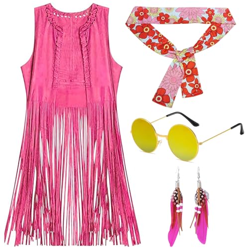 Faschingskostüme Damen, Rose Armellose Weste mit Fransen 70er Mode Damen Disco-Kostüm, Weste Lang Damen, Hippie kleid Damen Stirnbänder, Kopftuch, Brille und Ohrringe Karnevalskleidung (M) von Hengrongshen