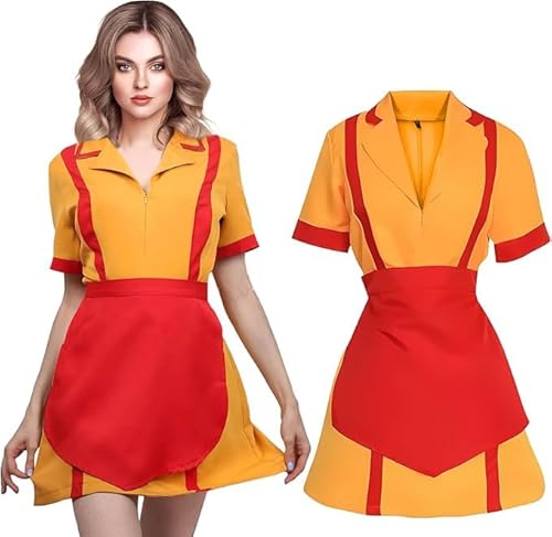 Hengrongshen 2 Broke Girls Kostüm, Karneval Kostüm 2 Broke Girls, Damen Kellnerin Kostüm, Diner Uniform mit Schürze für Karneval, Fasching, Fasnacht Motto Cosplay Kostüm (M) von Hengrongshen
