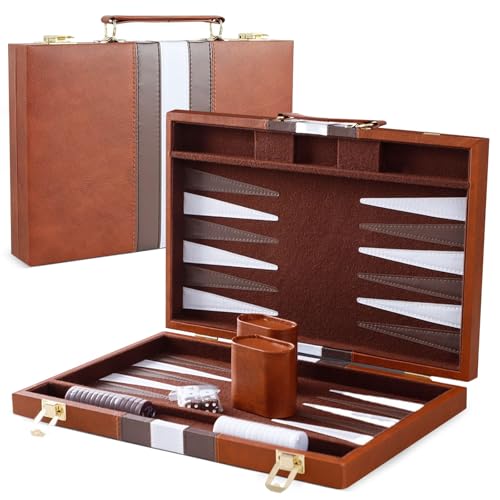 Hengrongshen Backgammon, 2 Spieler Backgammon Holz Braun15 Zoll, Backgammon Reise Wird mit Einer Hochwertigen Braunen Ledertasche und Einem Würfelbecher (Braun, 15 Zoll) von Hengrongshen