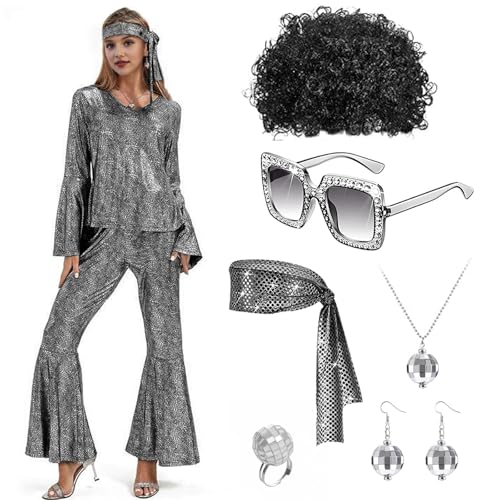 Hengrongshen Disco Outfit Damen, 70er Jahre Outfit Damen, Top und Hose, Hippie Kostüm Damen mit Accessoires, Disco Kostüm Damen für 60er 80er 70er 90er Jahre Themenparty (XXL) von Hengrongshen
