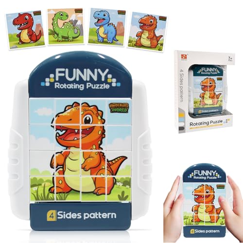 Hengrongshen Drehbares Puzzle 16 Teile 4-in-1, Geduldspiele ab 3 4 5 6 Jahre Kinder, Autofahrt Flugzeug Kinder Beschäftigung für Kinder Reisen, Fidget Toys, Geschenk für Jungen Mädchen (4 Dinos) von Hengrongshen