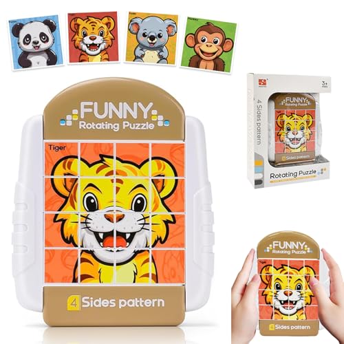 Hengrongshen Drehbares Puzzle 16 Teile 4-in-1, Geduldspiele ab 3 4 5 6 Jahre Kinder, Autofahrt Flugzeug Kinder Beschäftigung für Kinder Reisen, Fidget Toys, Geschenk für Jungen Mädchen (4 Tiere) von Hengrongshen