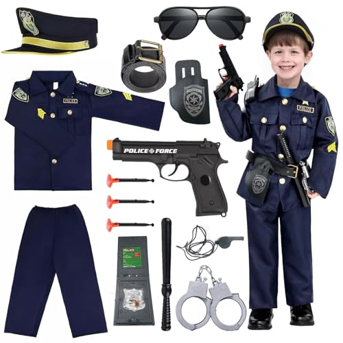 Hengrongshen Polizei Kostüm Kinder Set mit Polizeimütze Handschellen Halfter Trillerpfeife, Polizei Spielzeug für Jungen Halloween Spielzeug Kinder Karneval Cosplay für 10 bis 13 Jahre von Hengrongshen